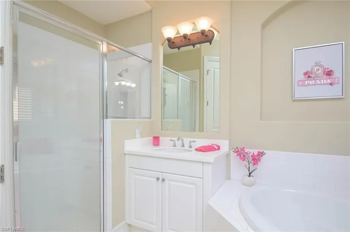 Bathroom featuring independent shower and bath and vanity