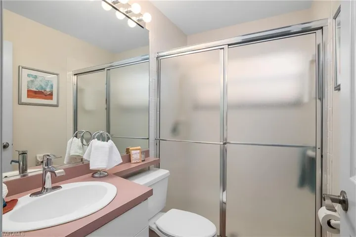 Bathroom with vanity with extensive cabinet space, a shower with shower door, and toilet