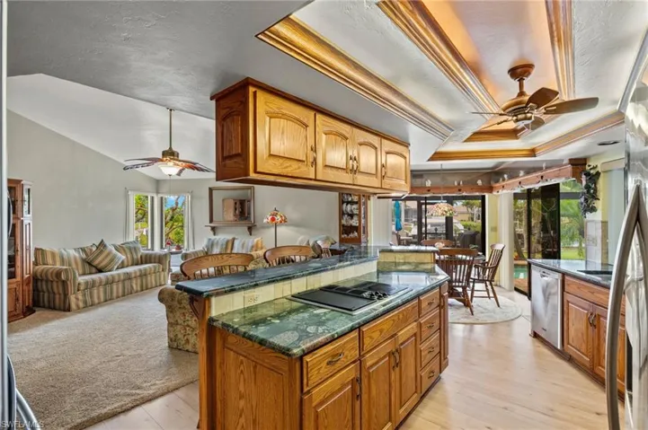 Kitchen featuring ceiling fan, light hardwood / wood-style floors, dishwasher, and a tray ceiling