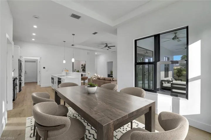 Virtually Staged-Dining area with ceiling fan, light hardwood / wood-style floors, and sink
