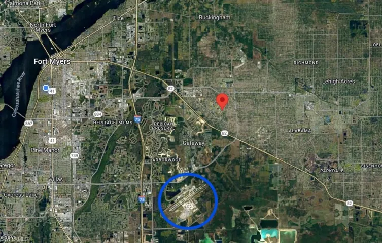 Blue circled area shows RSW. Blue dot shows Downtown Fort Myers Area. You can also see i-75.