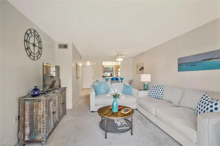 Great room with ceiling fan