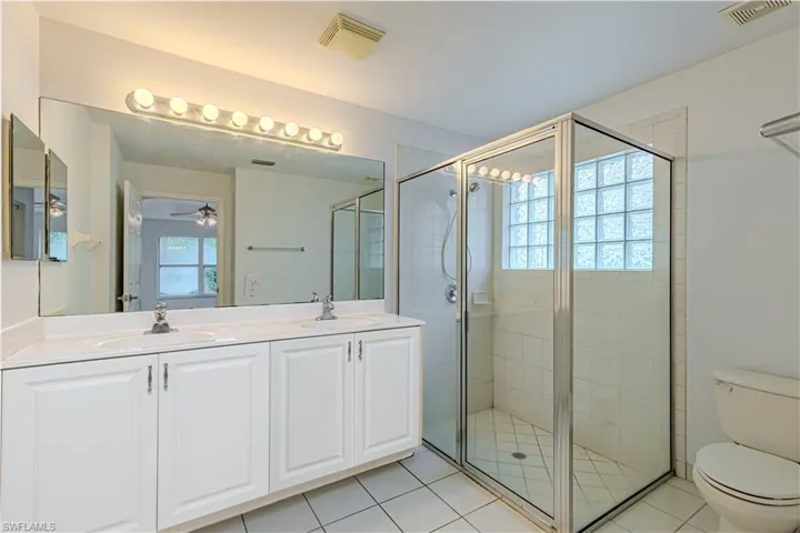 Master Bathroom with large walk in shower double sinks vanity, toilet,