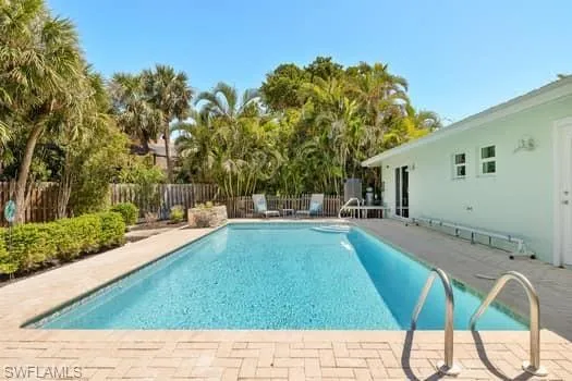 View of swimming pool featuring a patio, a fenced backyard, and a fenced in pool