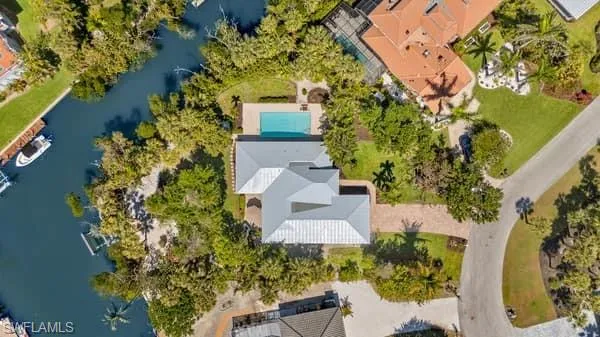 Bird's eye view with a water view
