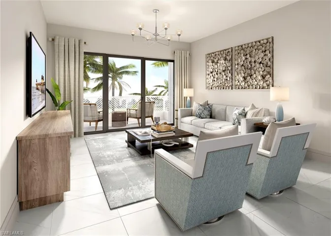 Living area with a chandelier and baseboards