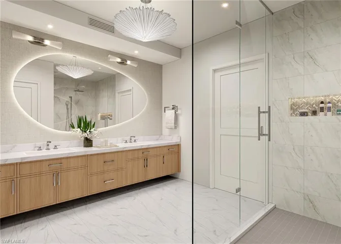 Bathroom featuring marble finish floors, double vanity, a marble finish shower, and recessed lighting
