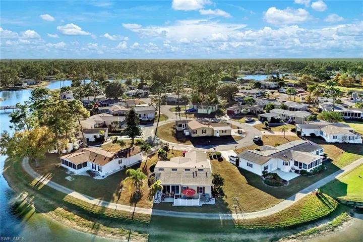 Aerial perspective of suburban area with a large body of water