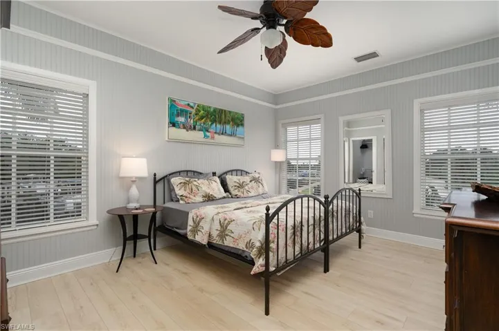 Bedroom with light wood finished floors and a ceiling fan