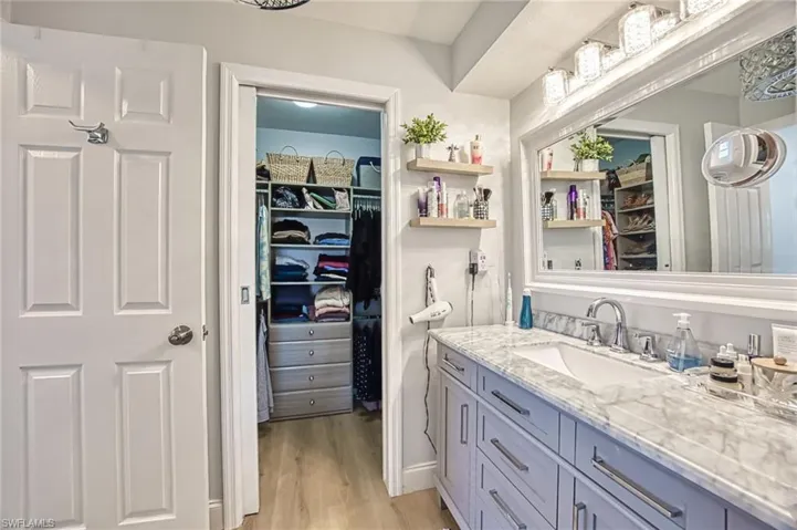 Master Bathroom featuring a spacious walk-in closet, wood finished floors, and vanity