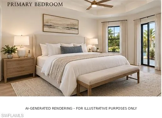 Tray ceiling featuring a central ceiling fan, wood-finish flooring, and black-framed windows and sliding glass doors