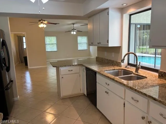 Kitchen with sink, white cabinetry, kitchen peninsula, and ceiling fan