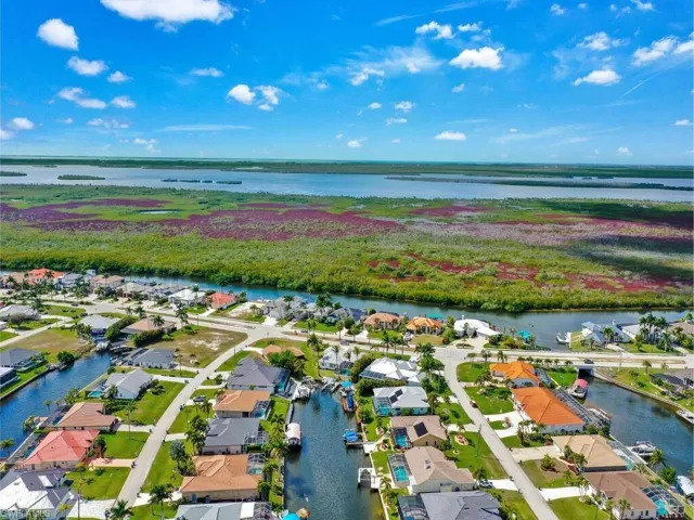 Aerial view of residential area with a large body of water