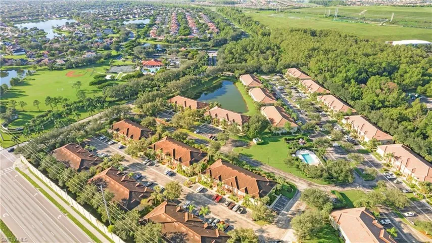 Aerial view of residential area with a nearby body of water