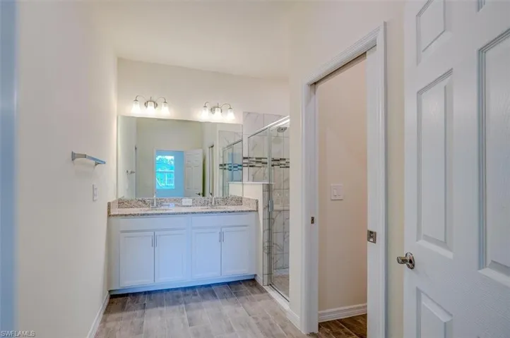 Bathroom with vanity, wood-type flooring, and a shower with shower door