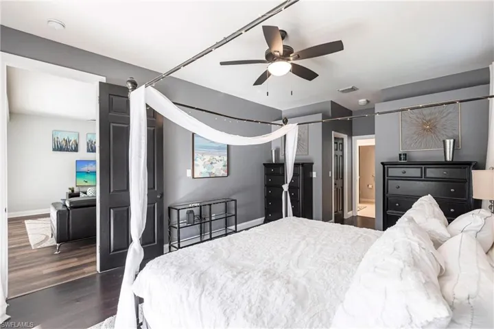 Bedroom featuring ceiling fan and dark hardwood / wood-style floors