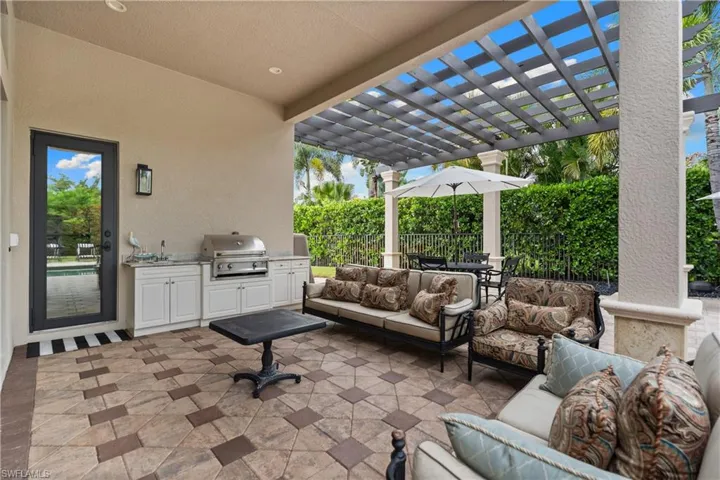 Covered patio featuring a paver stone flooring, a built-in outdoor kitchen with stainless steel grill, a dark grey pergola, and stucco columns