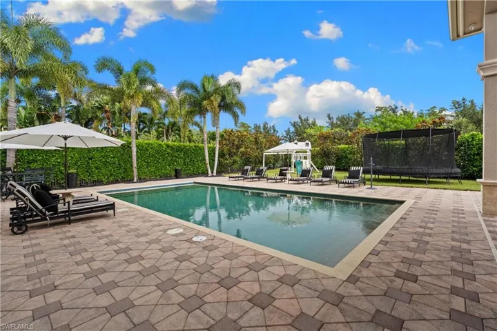 Expansive paver patio surrounding a rectangular swimming pool, bordered by mature palm trees and lush green hedging