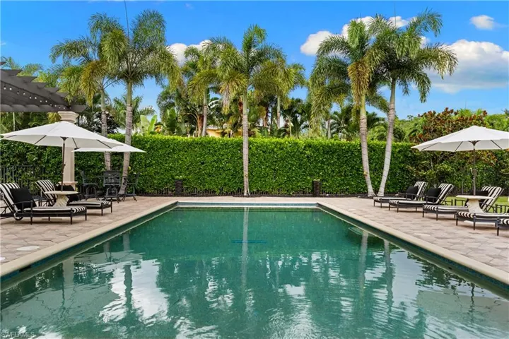 Rectangular swimming pool surrounded by paver patio and mature landscaping
