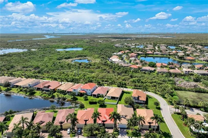 Community featuring a central pond, surrounding natural areas, and paved roadways