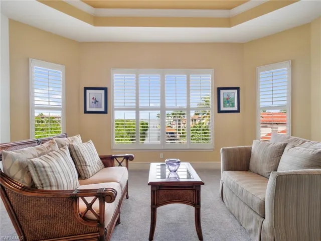 Carpeted living area with a raised ceiling, plenty of natural light, and ornamental molding