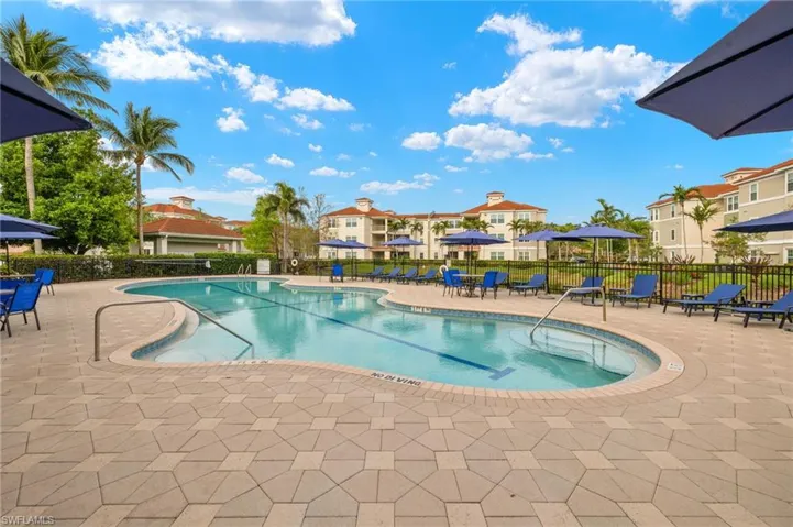Community pool featuring a patio and a residential view
