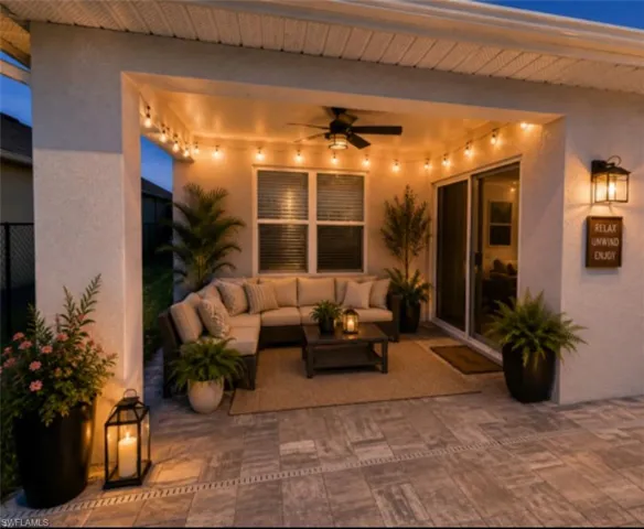 Covered patio overlooking the pool area.