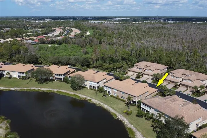 Birds eye view of property with a water view