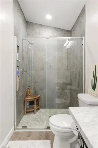 Bathroom featuring a shower stall, vanity, and light wood-style floors