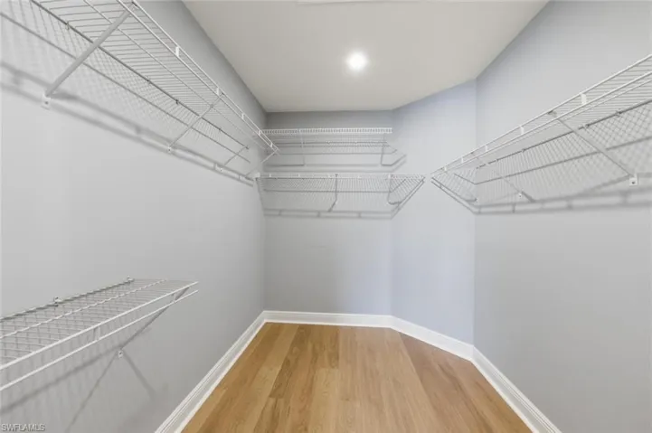 Walk in closet with light wood-style floors