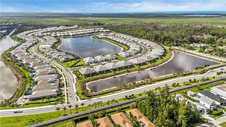 Aerial perspective of suburban area featuring a forest and a nearby body of water