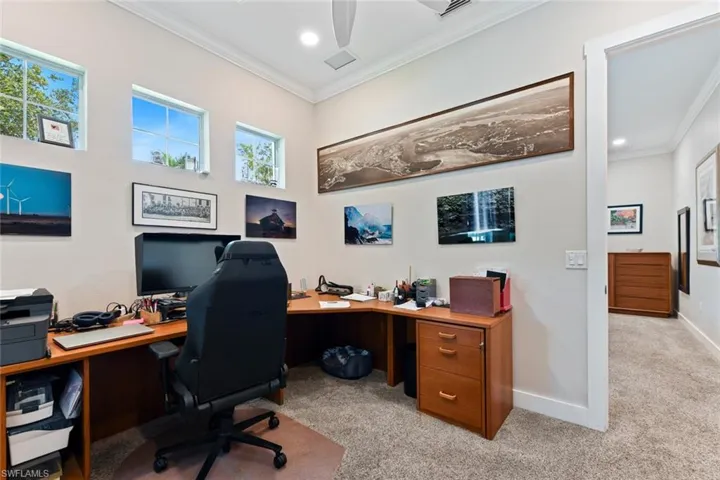 Office featuring ornamental molding, light colored carpet, baseboards, recessed lighting, and ceiling fan
