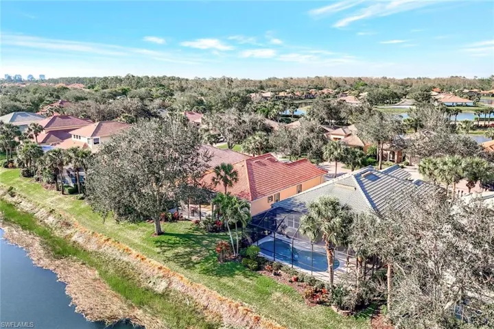 Birds eye view of property with a water view