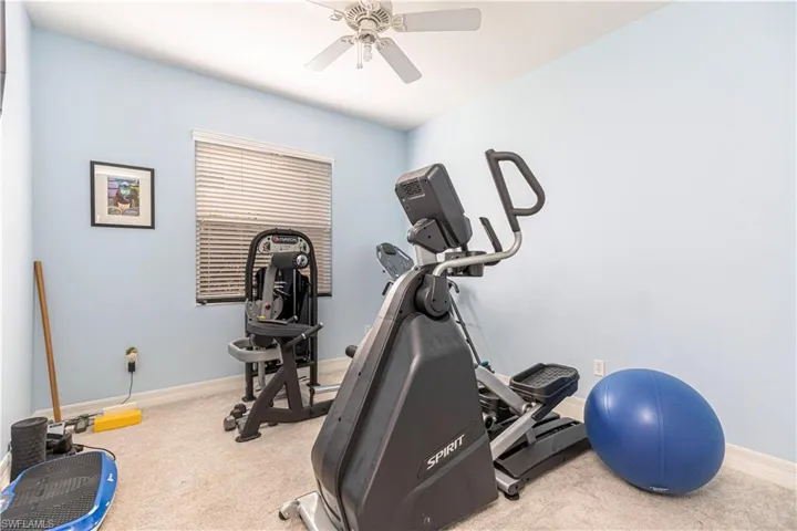 Exercise area featuring carpet floors and ceiling fan