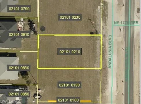 Aerial overview of property's location featuring property parcel outlined