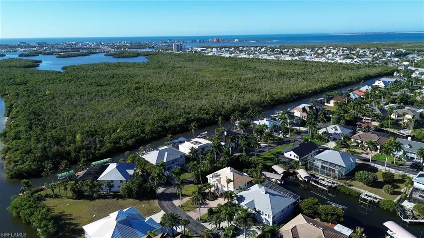 Aerial view of a nearby body of water and a forest