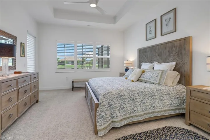 Bedroom featuring ceiling fan, a tray ceiling, light carpet, and multiple windows