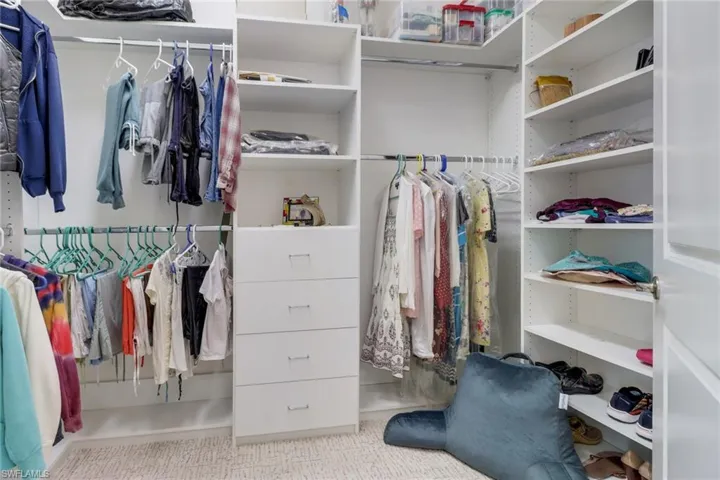 Walk in closet featuring light colored carpet