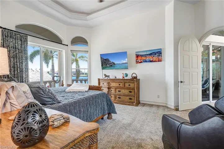 Bedroom featuring access to exterior, carpet, a towering ceiling, and a tray ceiling