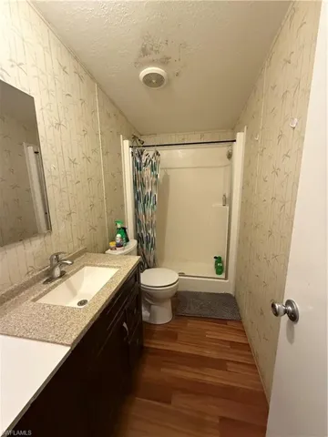 Full bath featuring wallpapered walls, a textured ceiling, dark wood-style floors, vanity, and a stall shower