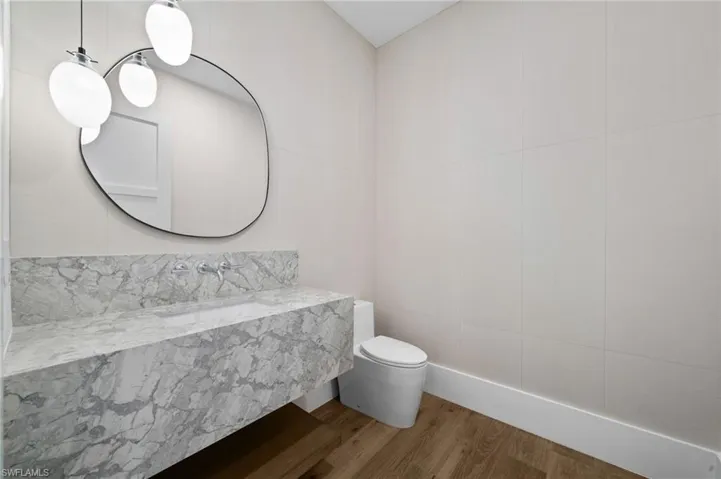Bathroom featuring toilet, sink, and wood-type flooring