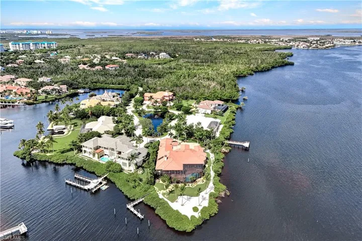Birds eye view of property with a water view