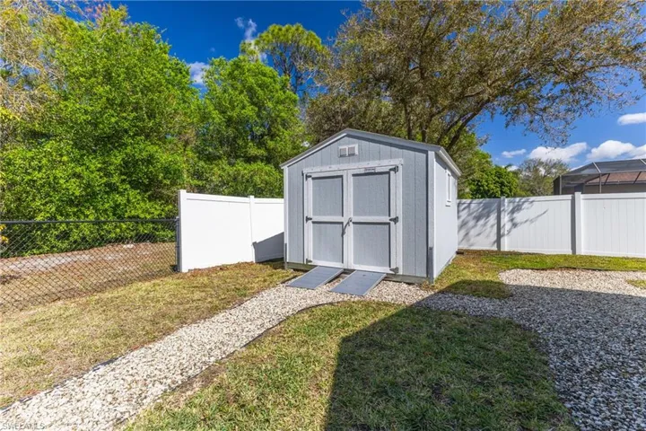 View of shed with a fenced backyard