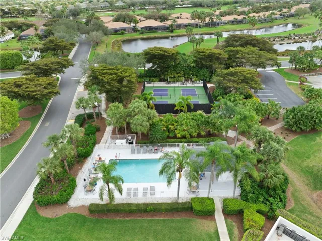Aerial view of a large body of water and a pool