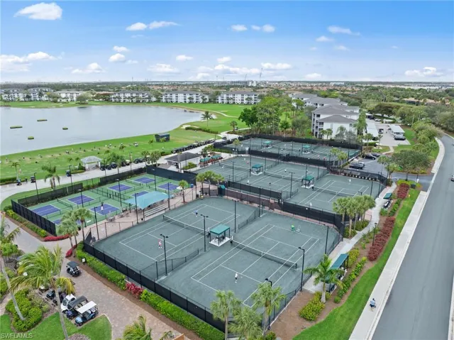 Bird's eye view of a large body of water and apartment complex