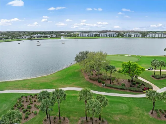 Aerial view of a golf club and a nearby body of water