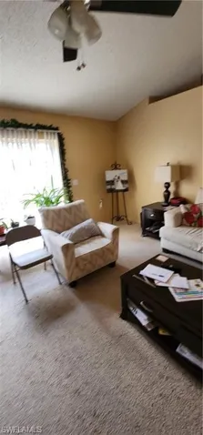 Living area featuring carpet flooring, ceiling fan, a textured ceiling, and lofted ceiling