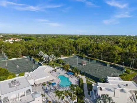 Drone / aerial view of a pool and a forest