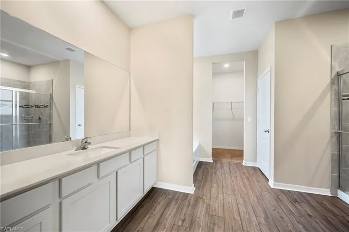 Bathroom featuring a stall shower, a spacious closet, vanity, dark wood-style floors, and recessed lighting