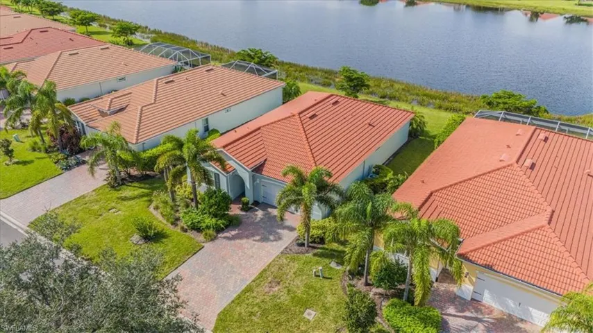 Aerial perspective of suburban area featuring a nearby body of water